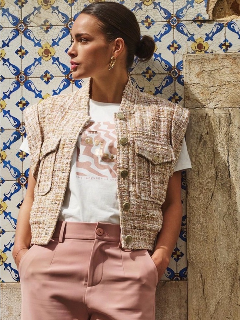 Esqualo Pink Tweed Vest with buttons